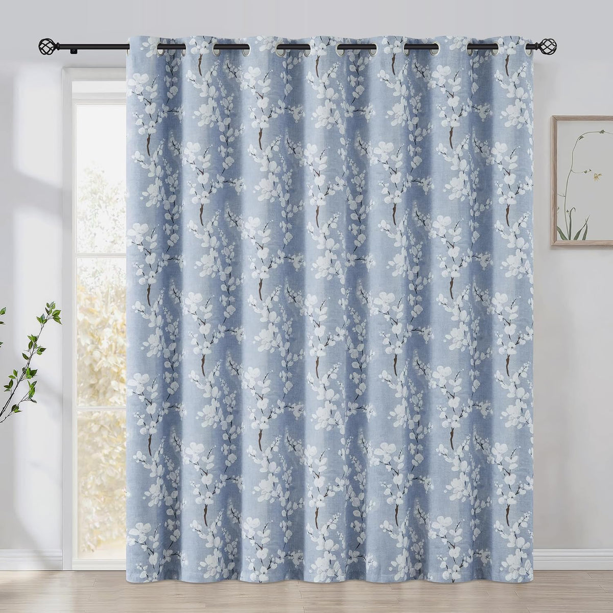 FMFUNCTEX Blue Blackout Floral Curtains, Bedroom, 100X84 Inches, 1 Panel