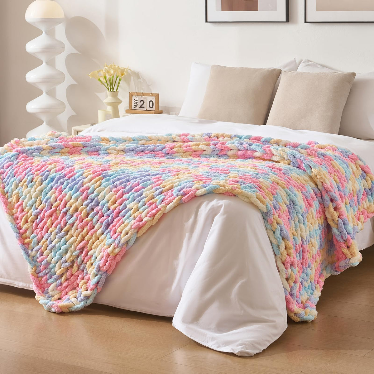 Bigacogo Chunky Knit Throw Blanket for Couch, 40x60 inches, Beige