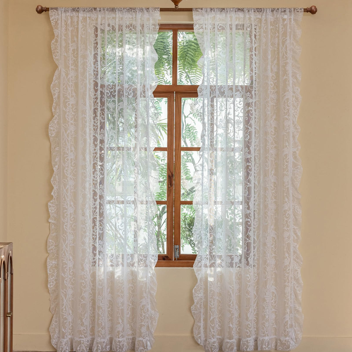 TUDECO Lace Maroon Curtains 96 Inches Long 1 Pair - French Floral Sheer Burgundy Curtains for Living Room, Art Decor Rod Pocket Ruffled Edges Dark Wine Red Drapes, 59 x 96 Inch, Burgundy