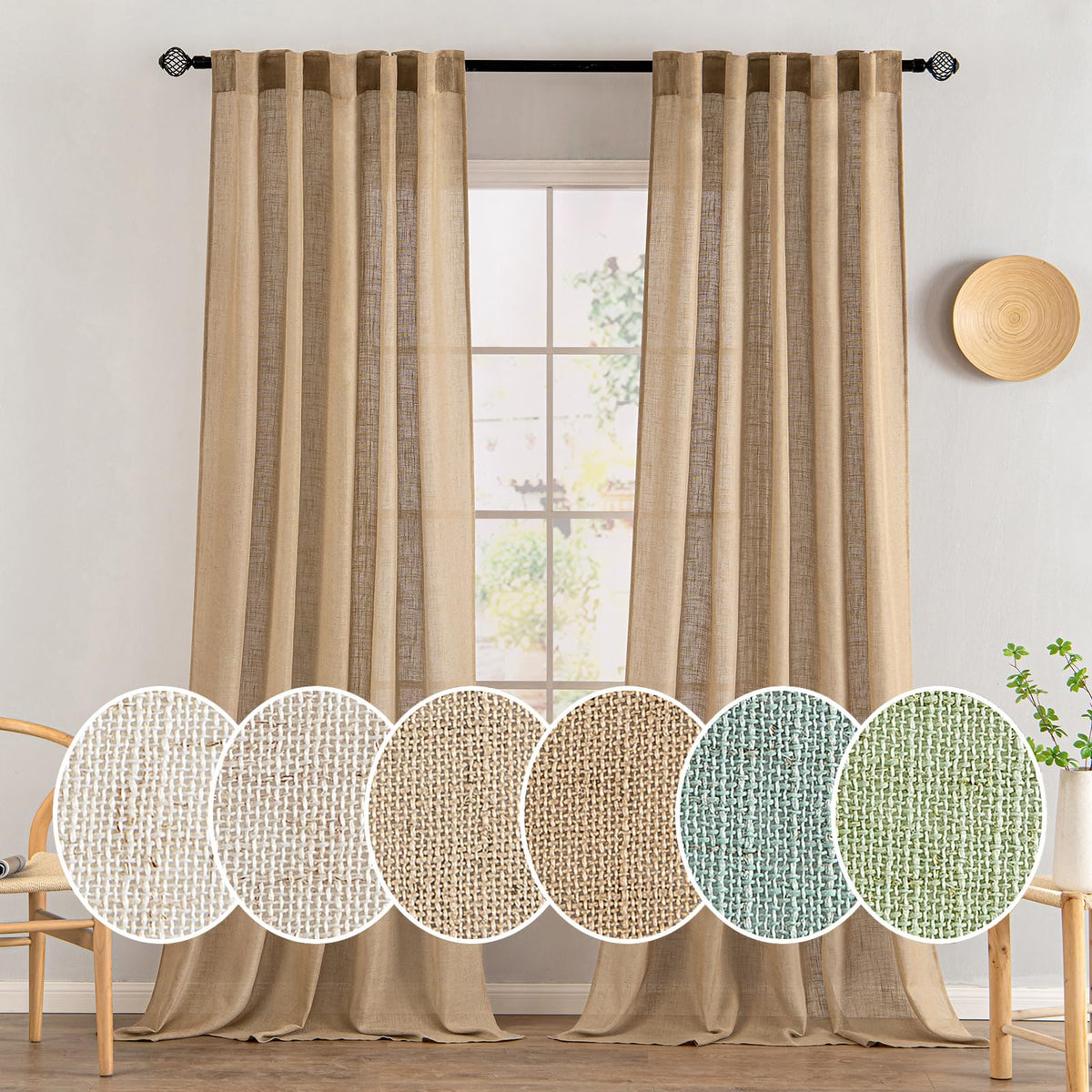 MIULEE Natural White Linen Curtains 52x90 Inch Long 2 Panels for Bedroom