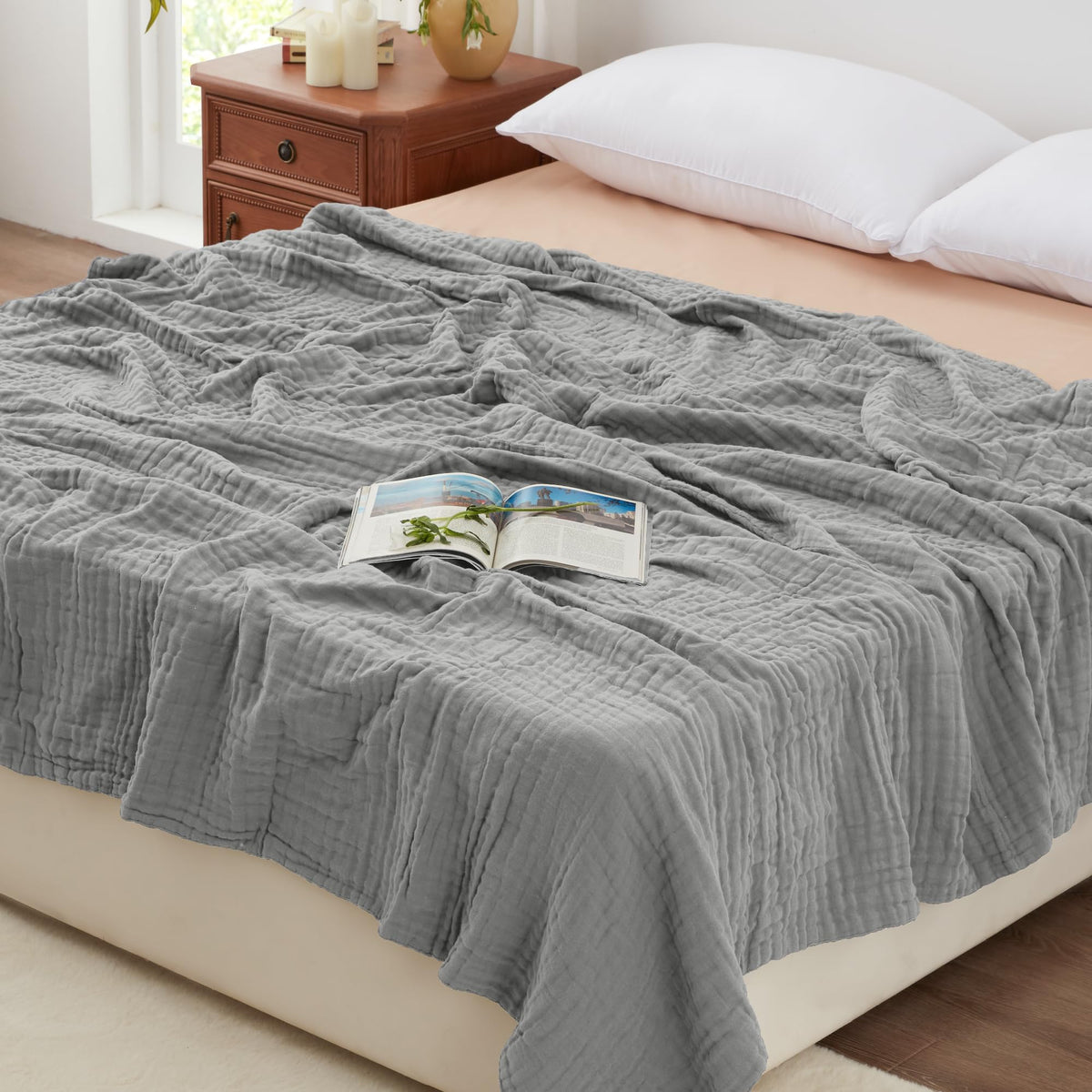 Love's cabin 100% Cotton Muslin Blanket, 6 Layer Lightweight Breathable Gauze Throw Blanket 50 x 60 Inches, Soft All Season Blanket for Couch, Bed, Sofa, Beige