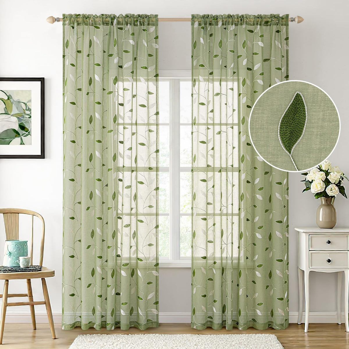 MIULEE Sage Green Sheer Curtains 2 Panels Leaf Patterned, W52 x L84