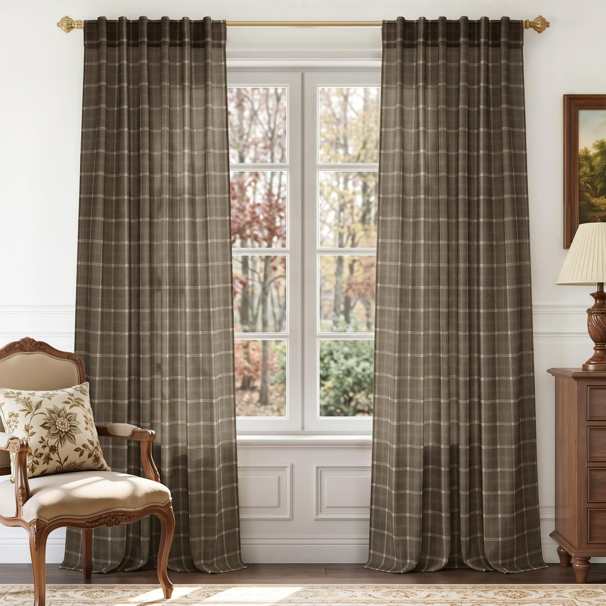 NICETOWN Moss Green Linen Plaid Curtains 96 inches Long for Bedroom
