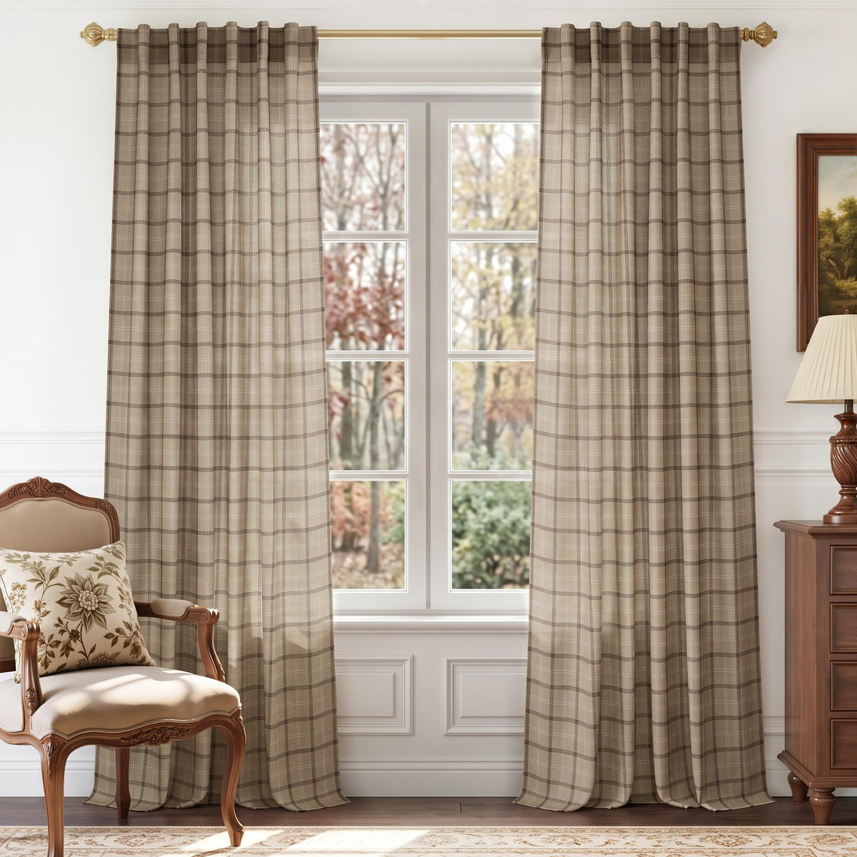 NICETOWN Moss Green Linen Plaid Curtains 96 inches Long for Bedroom