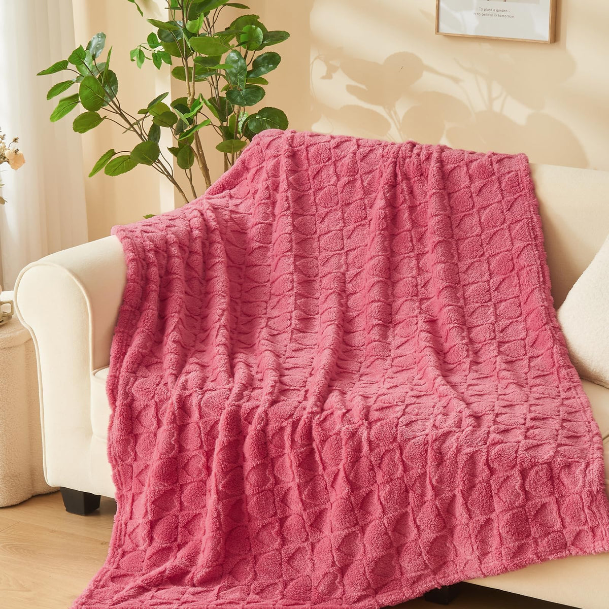 NEWCOSPLAY 3D Checkered Flannel Throw Blanket, Ivory Checkered, 50"x70"