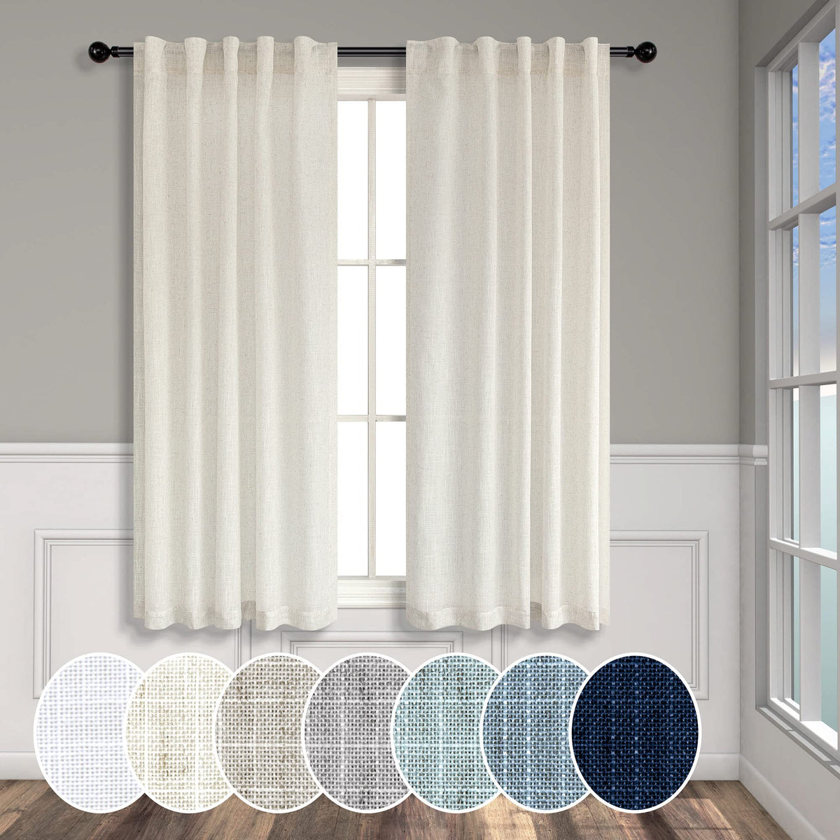 Natural Linen Back Tab Curtains 84 Inch Length for Living Room 2 Panel Pocket Drape Light Filtering Semi Sheer Neutral Country Rustic Farmhouse Boho Curtain Bedroom Muslin Look Ivory Cream Colored