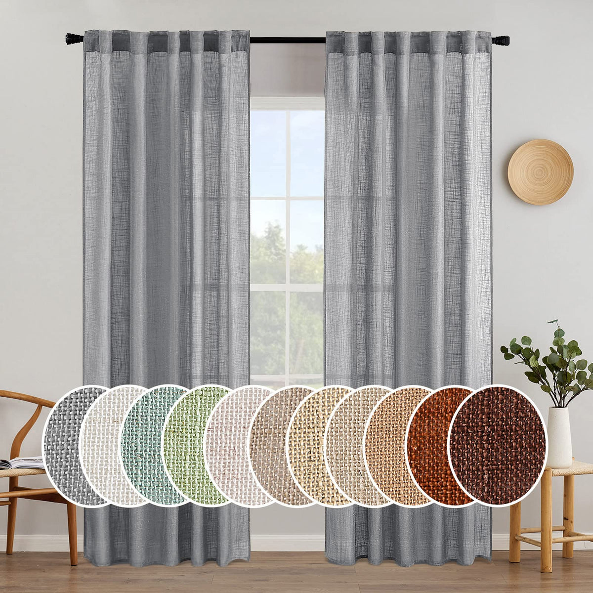 MIULEE Natural White Linen Curtains 52x90 Inch Long 2 Panels for Bedroom
