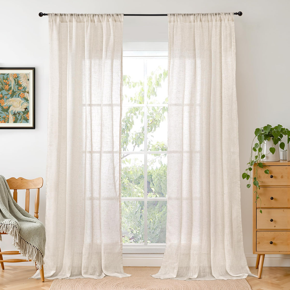 BGment Tan Linen Curtains 84 Inch Length 2 Panels Burlap Semi Sheer Drapes