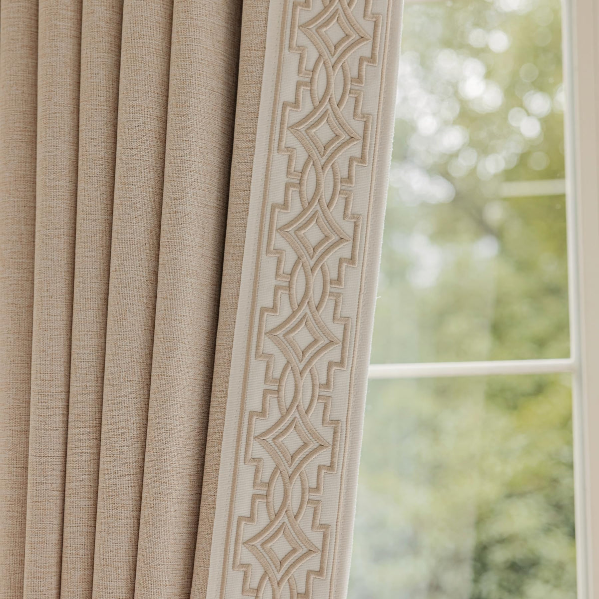 VisionaryHomeDesign Ivory Cream Cotton Blend Curtain Panels with Trim Design, Pinch Pleat Curtains, Blackout Curtains for Sliding Patio Doors Bedroom (Set of 2) (52W x 96L)