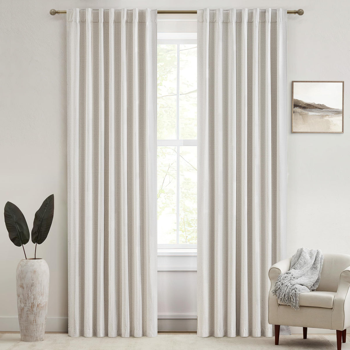 100% Blackout Curtains 84 Inch Length 2 Panels Set Farmhouse Style for Bedroom Windows/Living Room Thermal Insulated Neutral Boho Drapes Linen Blend Natural Ivory 7ft Long Hook Belt Pleated/Back Tab