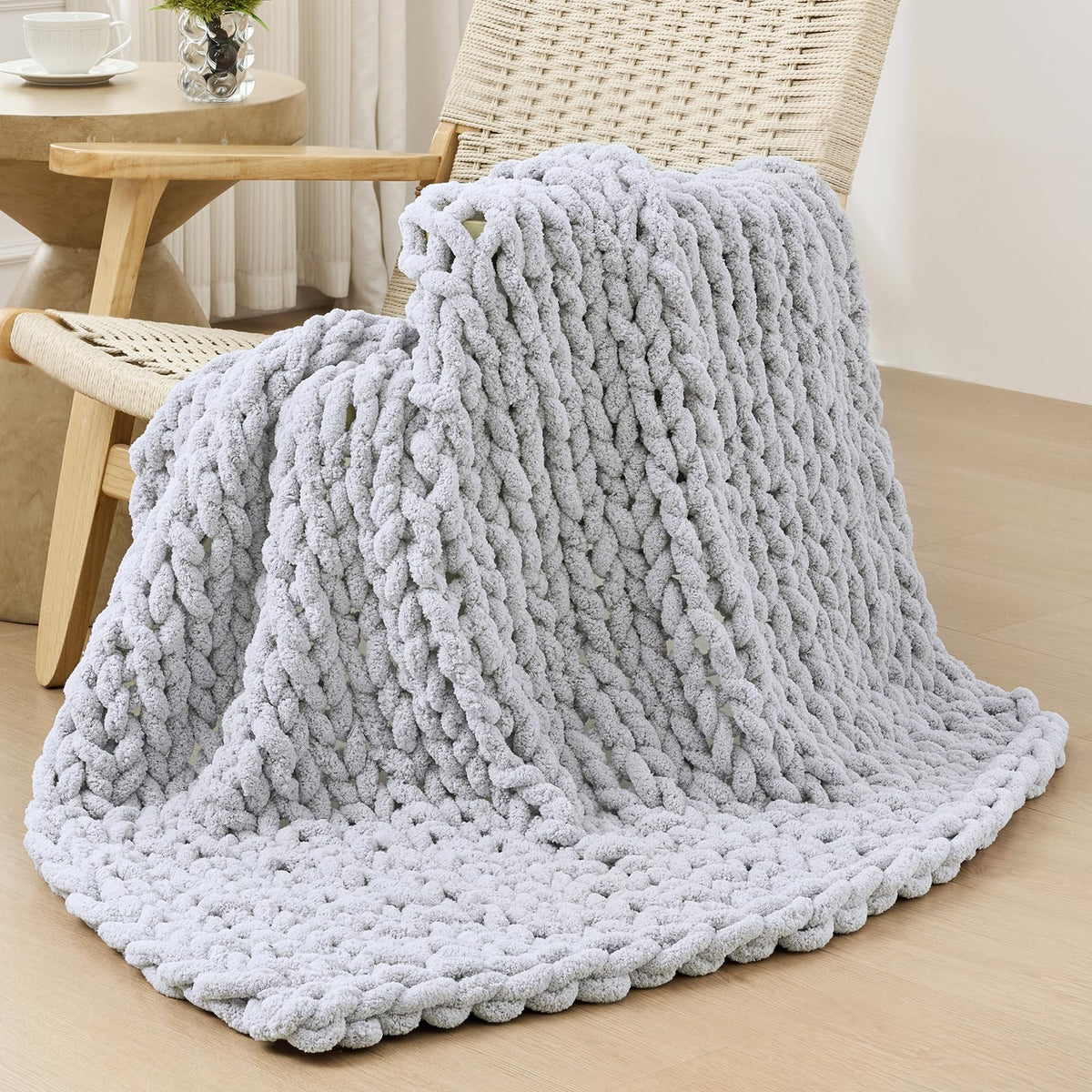 Bigacogo Chunky Knit Throw Blanket for Couch, 40x60 inches, Beige