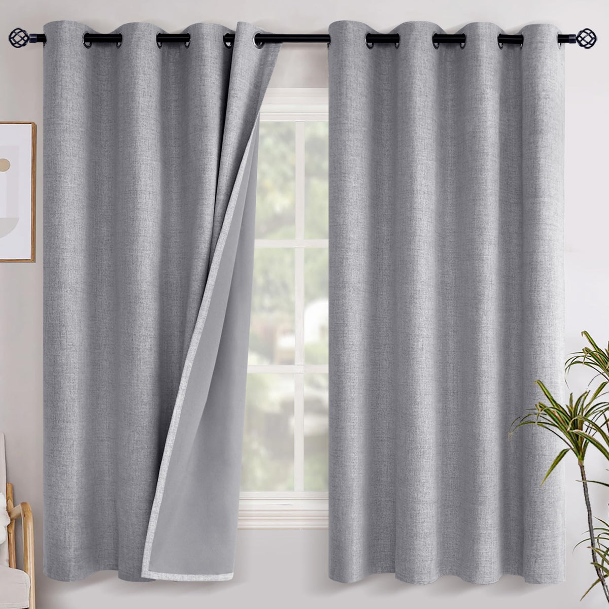 YoungsTex Linen Blackout Curtains 63 Inch Length Bedroom Beige Darkening