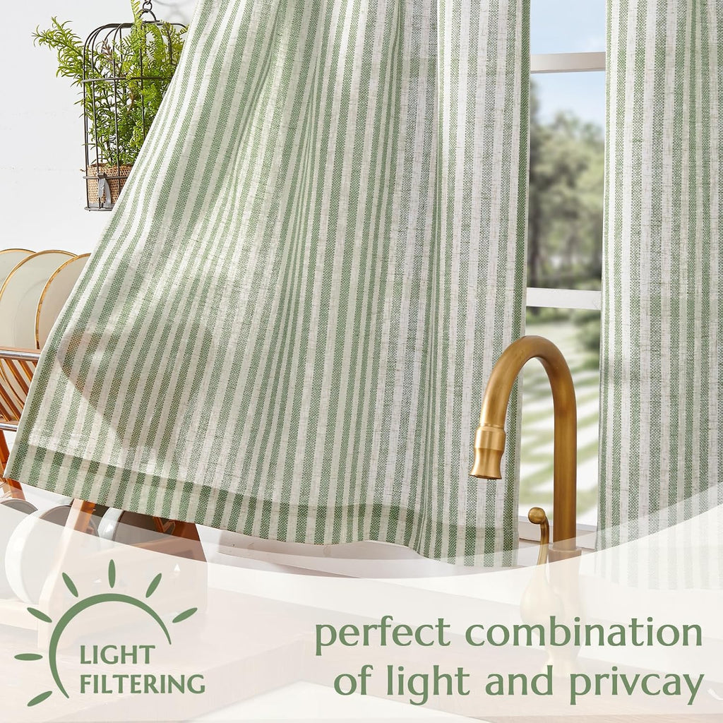 jinchan Striped Linen Kitchen Curtains 36 Inches Length Tier Curtains Farmhouse Modern Cafe Style Small Window Treatments Airy Light Filtering Rod Pocket for Living Room Bathroom 2 Panels Sage Green