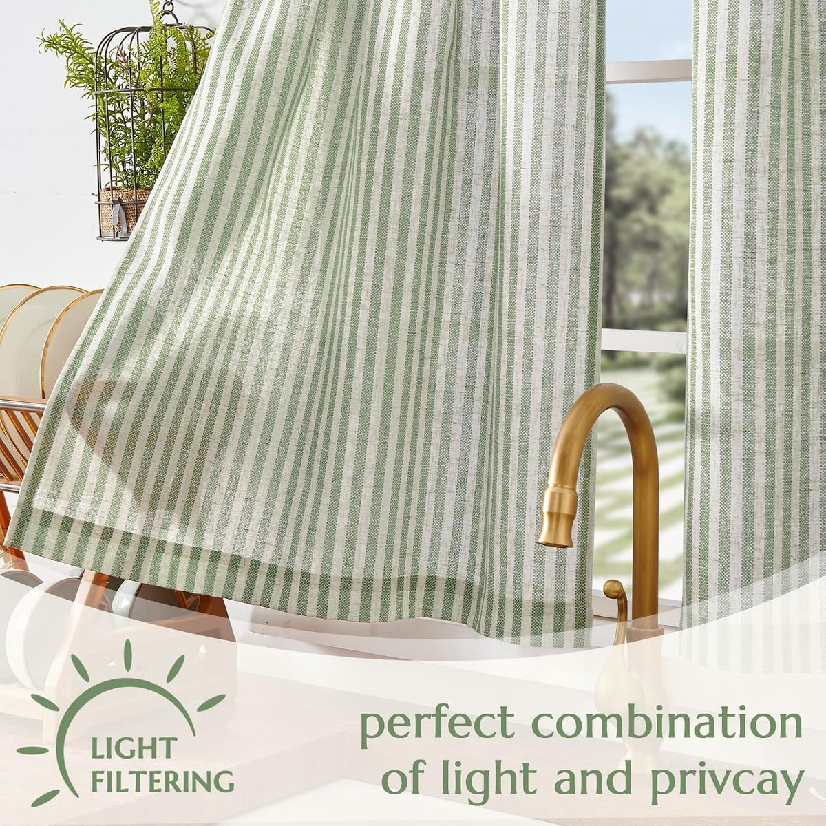 jinchan Striped Linen Kitchen Curtains 36 Inches Length Tier Curtains Farmhouse Modern Cafe Style Small Window Treatments Airy Light Filtering Rod Pocket for Living Room Bathroom 2 Panels Sage Green