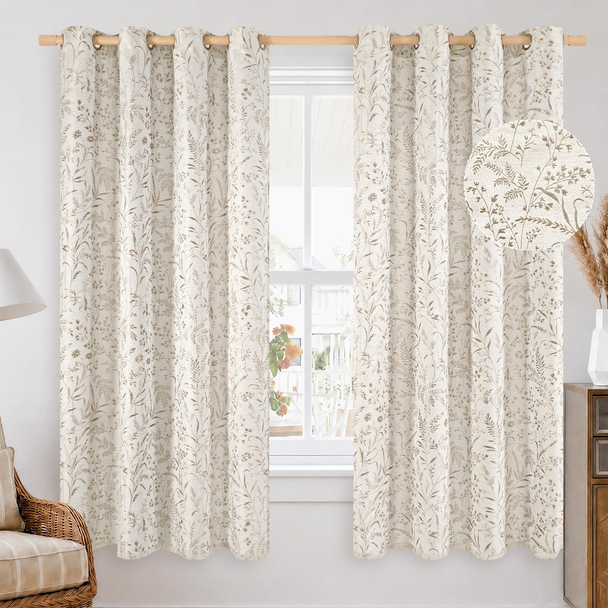BGment Green Leaf Linen Curtains for Living Room 84 Inch Length 2 Panels