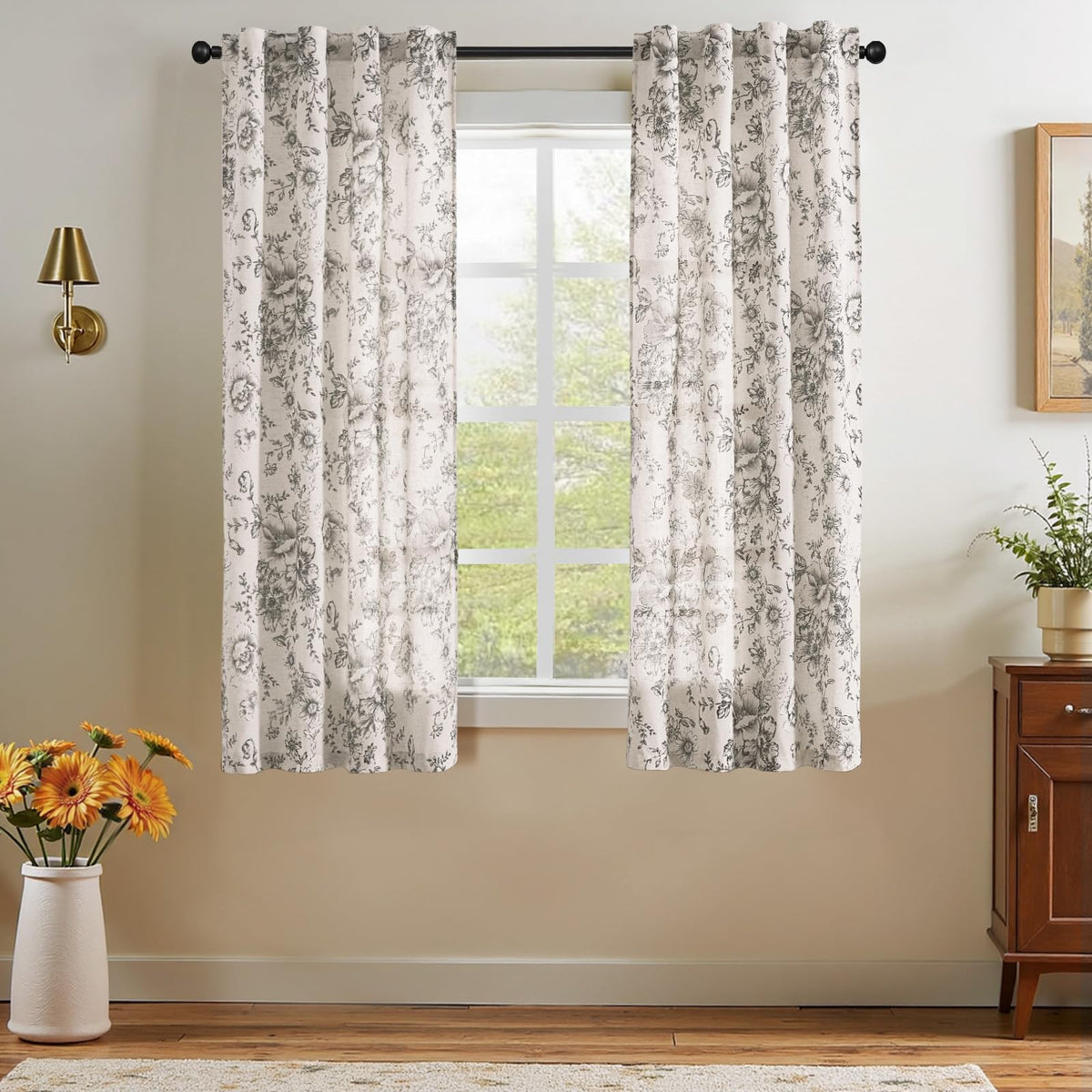 jinchan Vintage Floral Linen Curtains 84 Long for Living Room 2 Panels