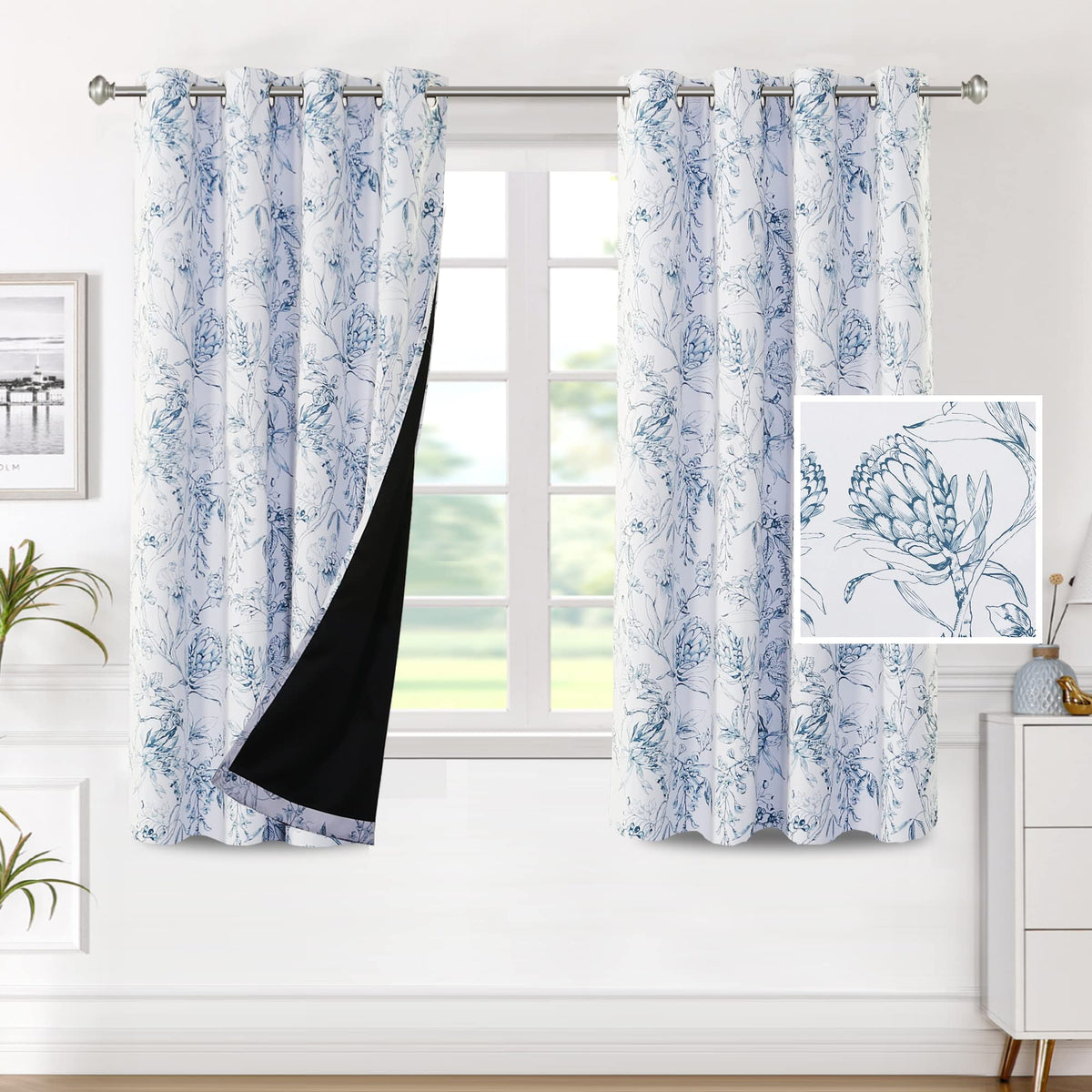 H.VERSAILTEX 100% Blackout Curtains 84 inch Length 2 Panels Set Cattleya Floral Printed Drapes Leah Floral Thermal Curtains for Bedroom with Black Liner Sound Proof Curtains, Grey and Taupe