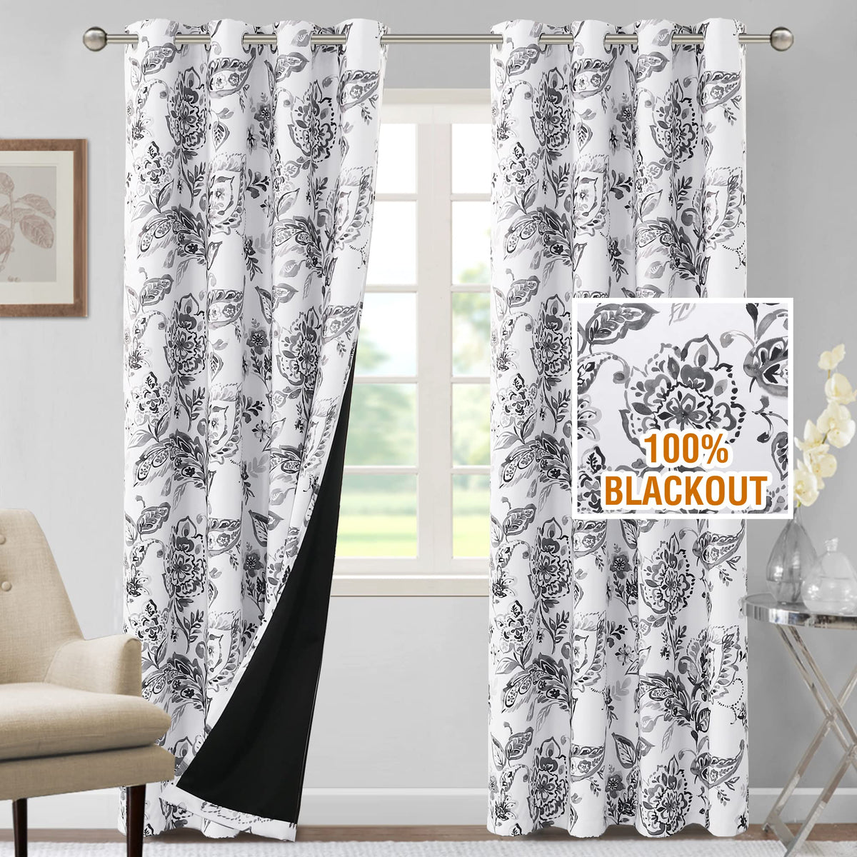 H.VERSAILTEX 100% Blackout Curtains 84 inch Length 2 Panels Set Cattleya Floral Printed Drapes Leah Floral Thermal Curtains for Bedroom with Black Liner Sound Proof Curtains, Grey and Taupe