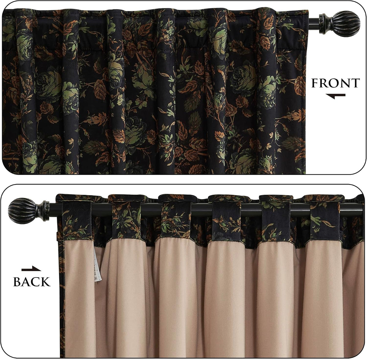StangH Black Floral Vintage Curtains Luxury Velvet Drapes 96 Inch 2 Panels