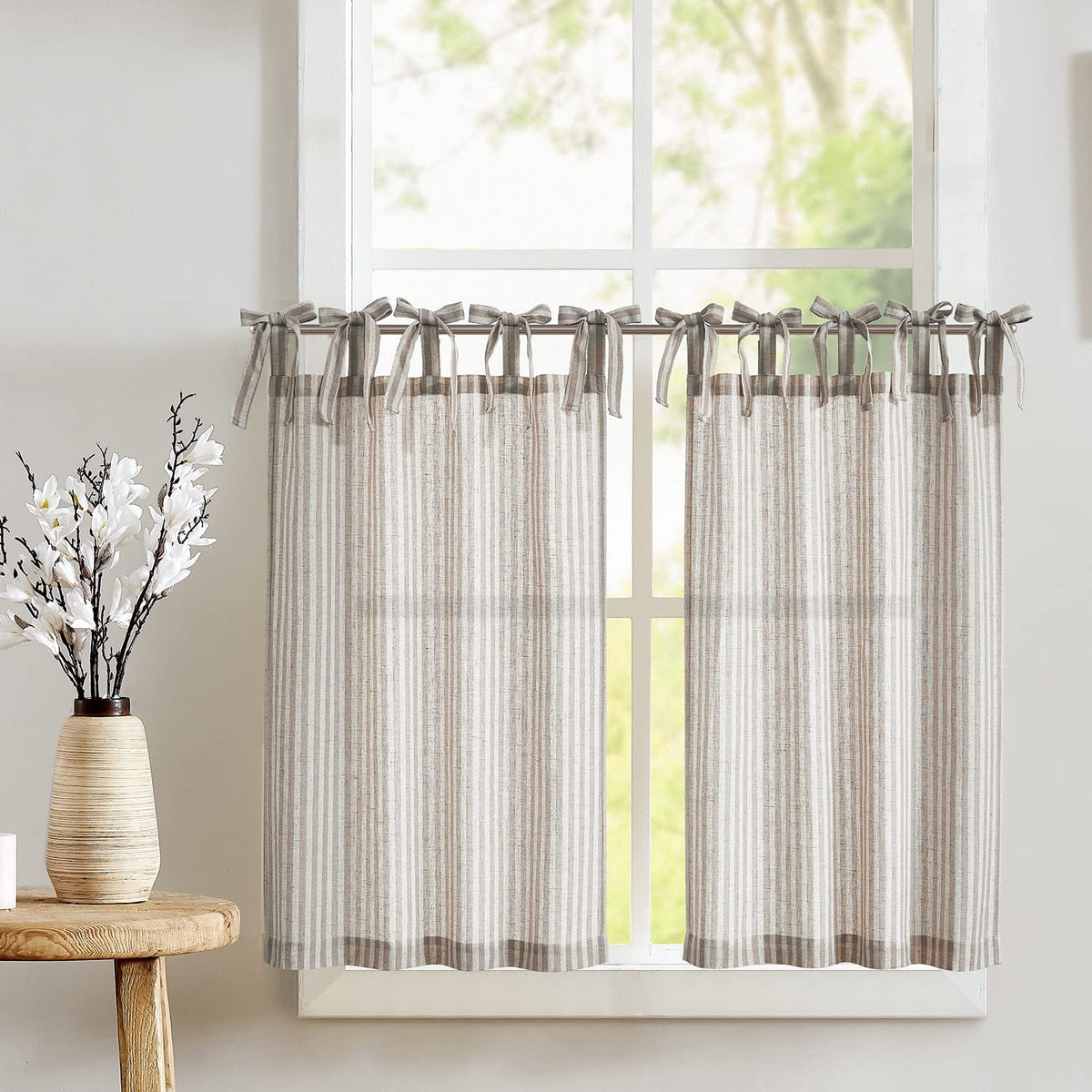 jinchan Striped Linen Kitchen Curtains 36 Inches Length Tier Curtains Farmhouse Modern Cafe Style Small Window Treatments Airy Light Filtering Rod Pocket for Living Room Bathroom 2 Panels Sage Green