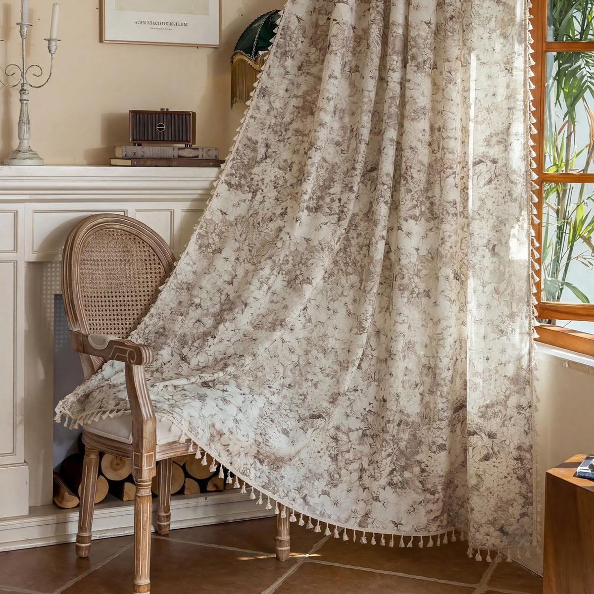 ENJOYBRIDAL Floral Curtains 84 Inch Long Living Room Boho Drapes Bedroom 2 Panels Semi Sheer Floor Length Window Curtain Panels Vintage Rod Pocket Tassel Farmhouse Nursery Window Treatments