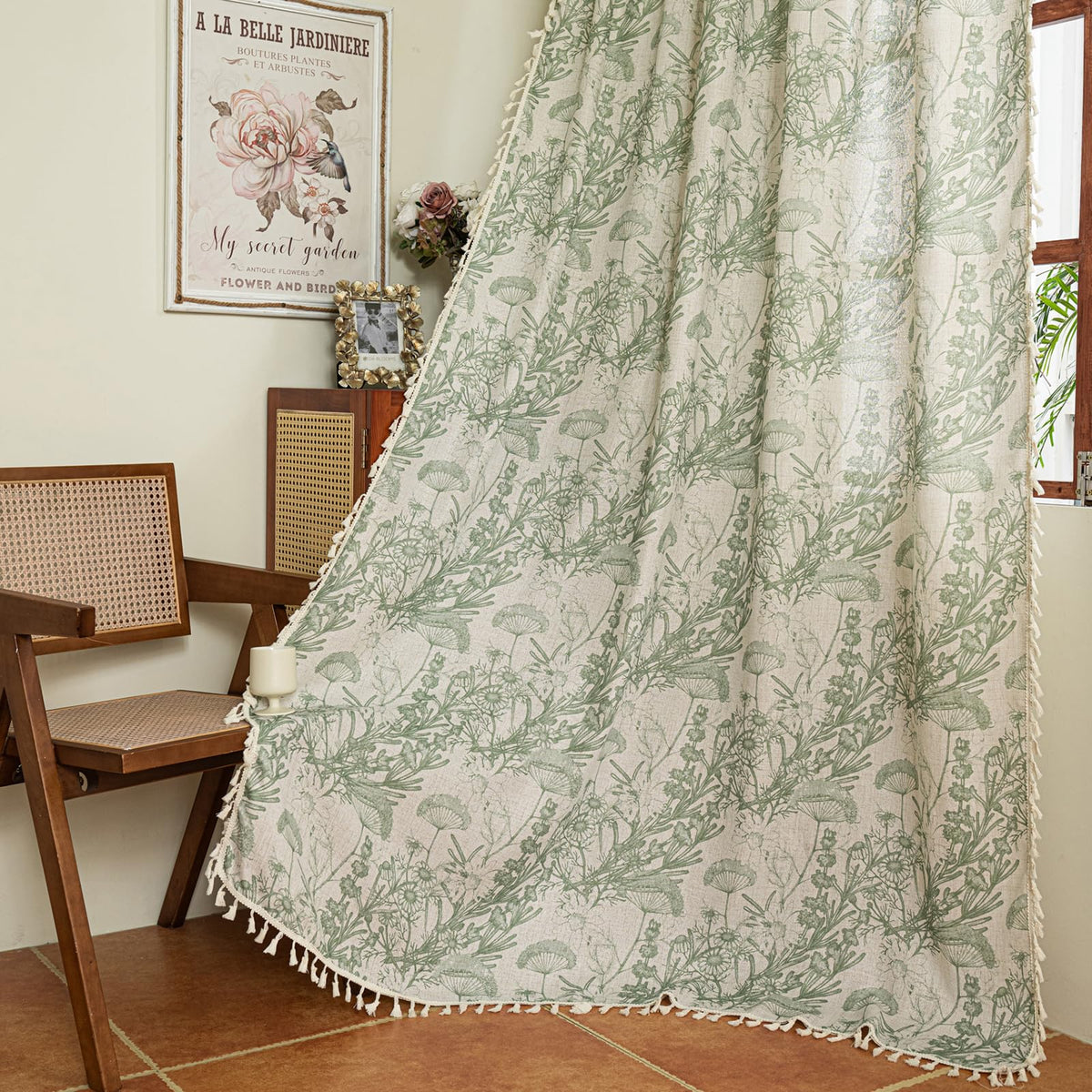 ENJOYBRIDAL Floral Curtains 84 Inch Long Living Room Boho Drapes Bedroom 2 Panels Semi Sheer Floor Length Window Curtain Panels Vintage Rod Pocket Tassel Farmhouse Nursery Window Treatments