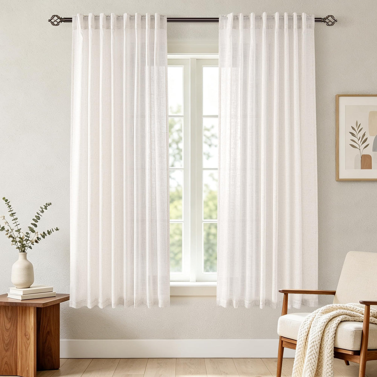 96 inch Long Linen Curtains 2 Panels for Living Room Back Tab Cream Ivory Light Filtering Semi Sheer Curtain 96 inches Long Boho Farmhouse Rustic Linen Drapes Floor to Ceiling Length 8 FT