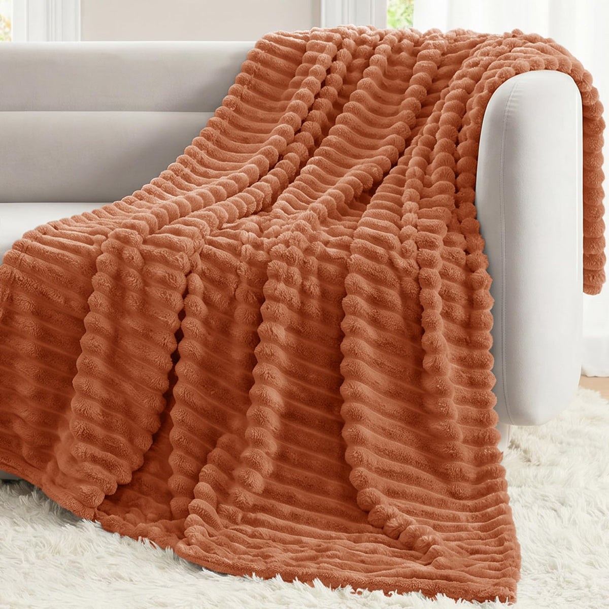 CozyLux Black Throw Blanket for Couch, Ribbed Fleece, 50 x 60 Inch