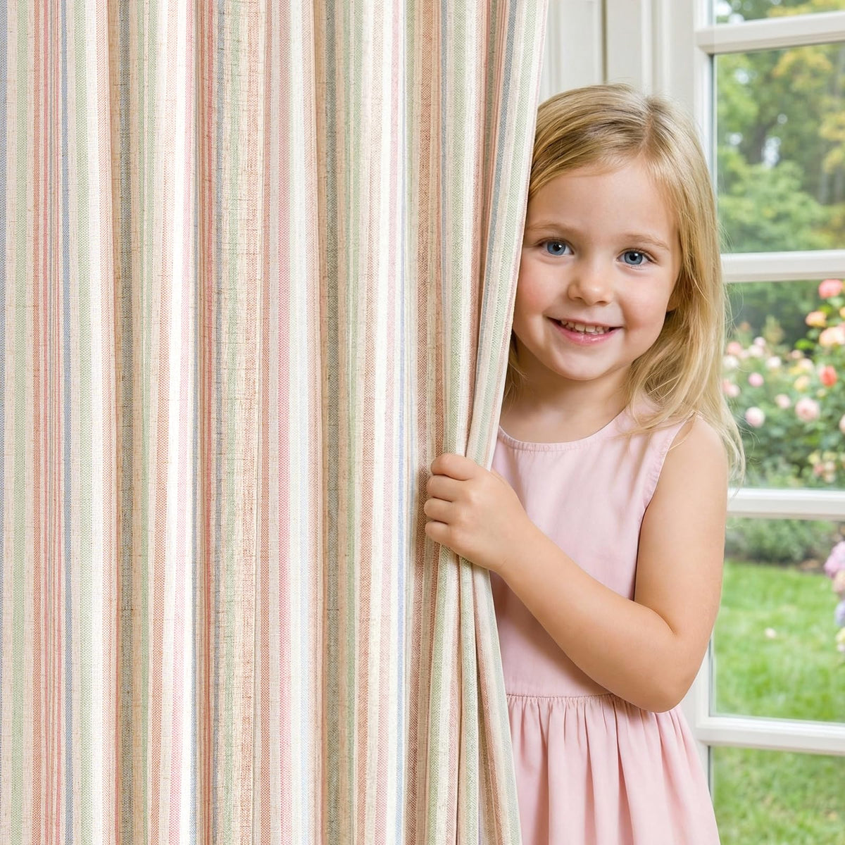 jinchan Linen Curtains 84 Inch Taupe Grey Stripe on Beige Grommet 2 Panels