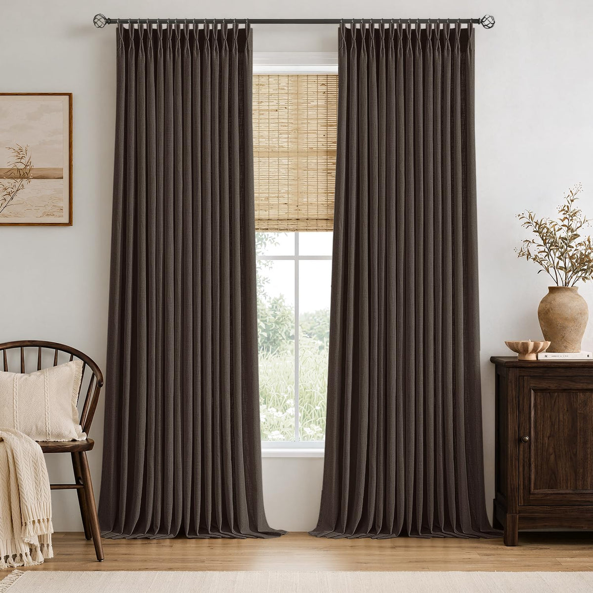 MIULEE Pinch Pleated Linen Curtains 96 Inches Long Beige White 2 Panels