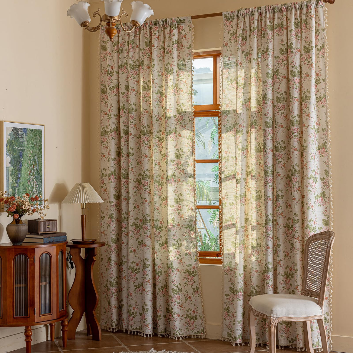ENJOYBRIDAL Floral Curtains 84 Inch Long Living Room Boho Drapes Bedroom 2 Panels Semi Sheer Floor Length Window Curtain Panels Vintage Rod Pocket Tassel Farmhouse Nursery Window Treatments