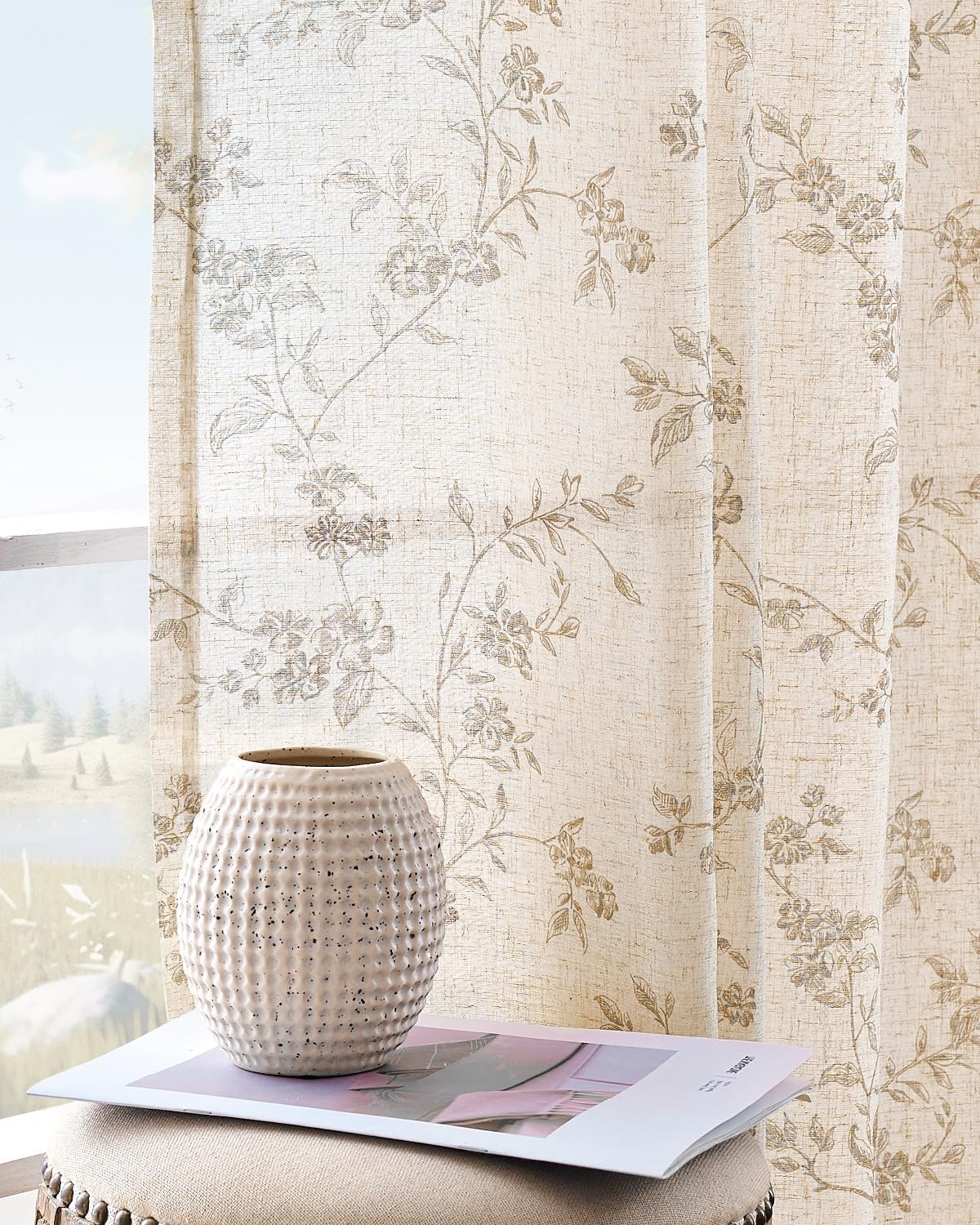 jinchan Taupe Floral Linen Curtains 84 Inch Farmhouse Back Tab 2 Panels