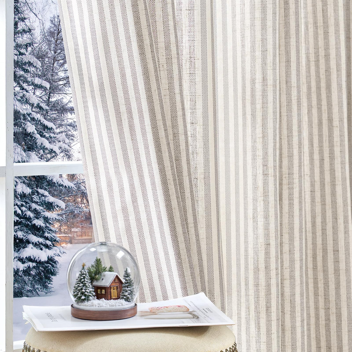 jinchan Linen Curtains 84 Inch Taupe Grey Stripe on Beige Grommet 2 Panels