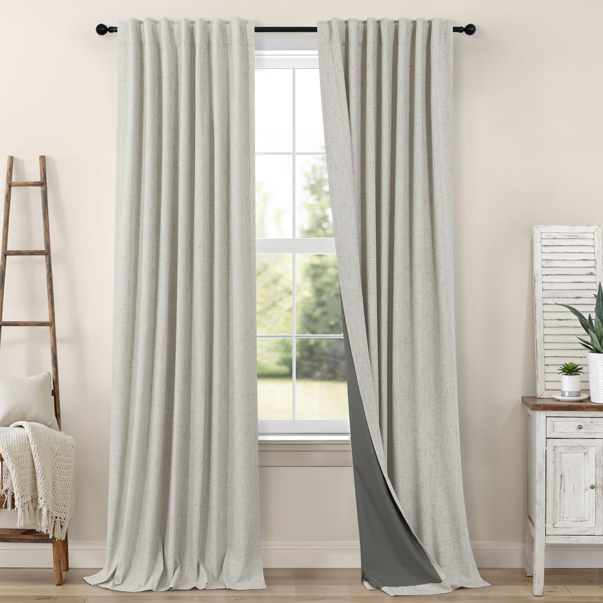 100% Blackout Curtains 84 Inch Length 2 Panels Set Neutral Boho Linen Farmhouse for Bedroom Windows Living Room Darkening Thermal Insulated Drapes Natural Cream Ivory 7ft Long Back Tab Pleated Pocket