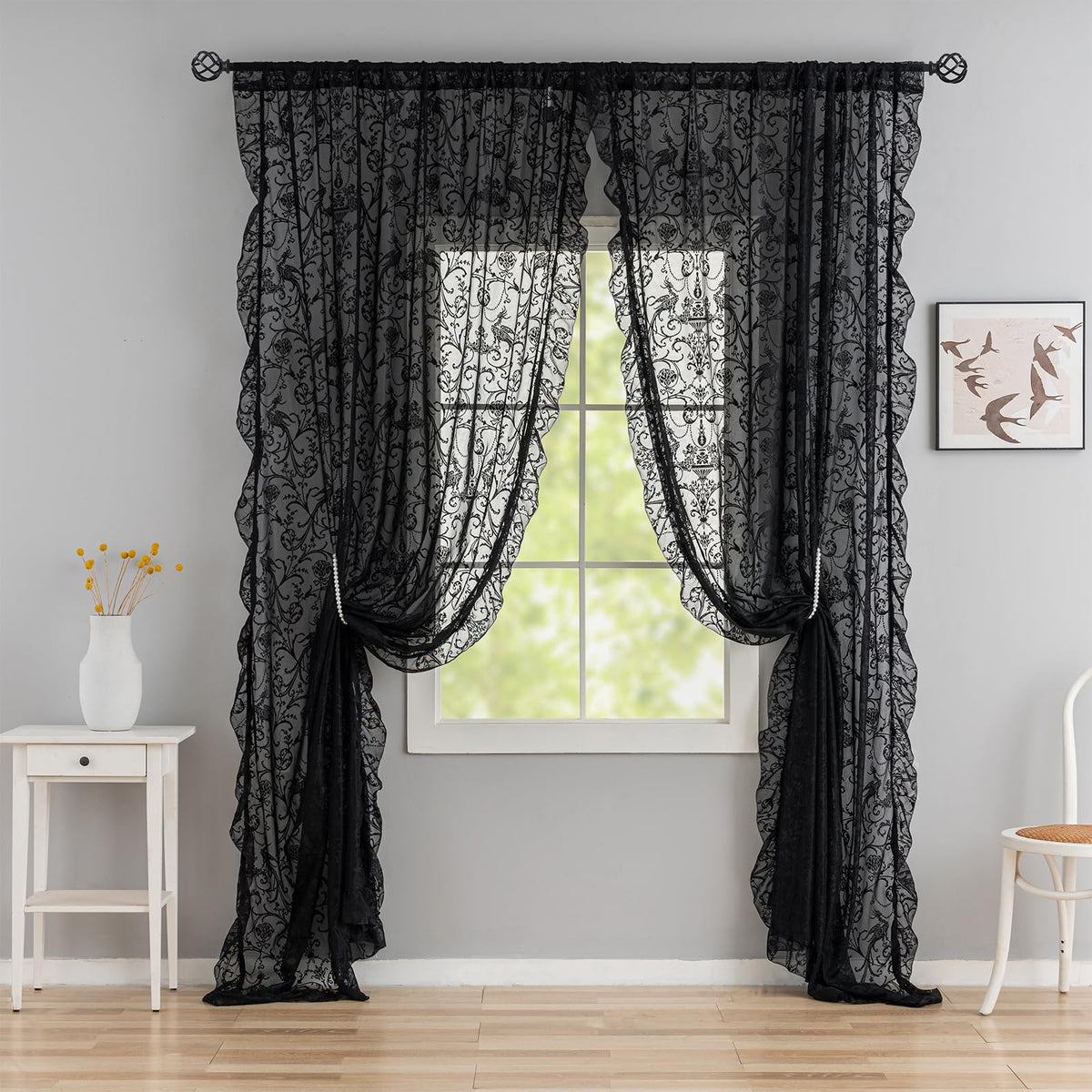 TUDECO Lace Maroon Curtains 96 Inches Long 1 Pair - French Floral Sheer Burgundy Curtains for Living Room, Art Decor Rod Pocket Ruffled Edges Dark Wine Red Drapes, 59 x 96 Inch, Burgundy