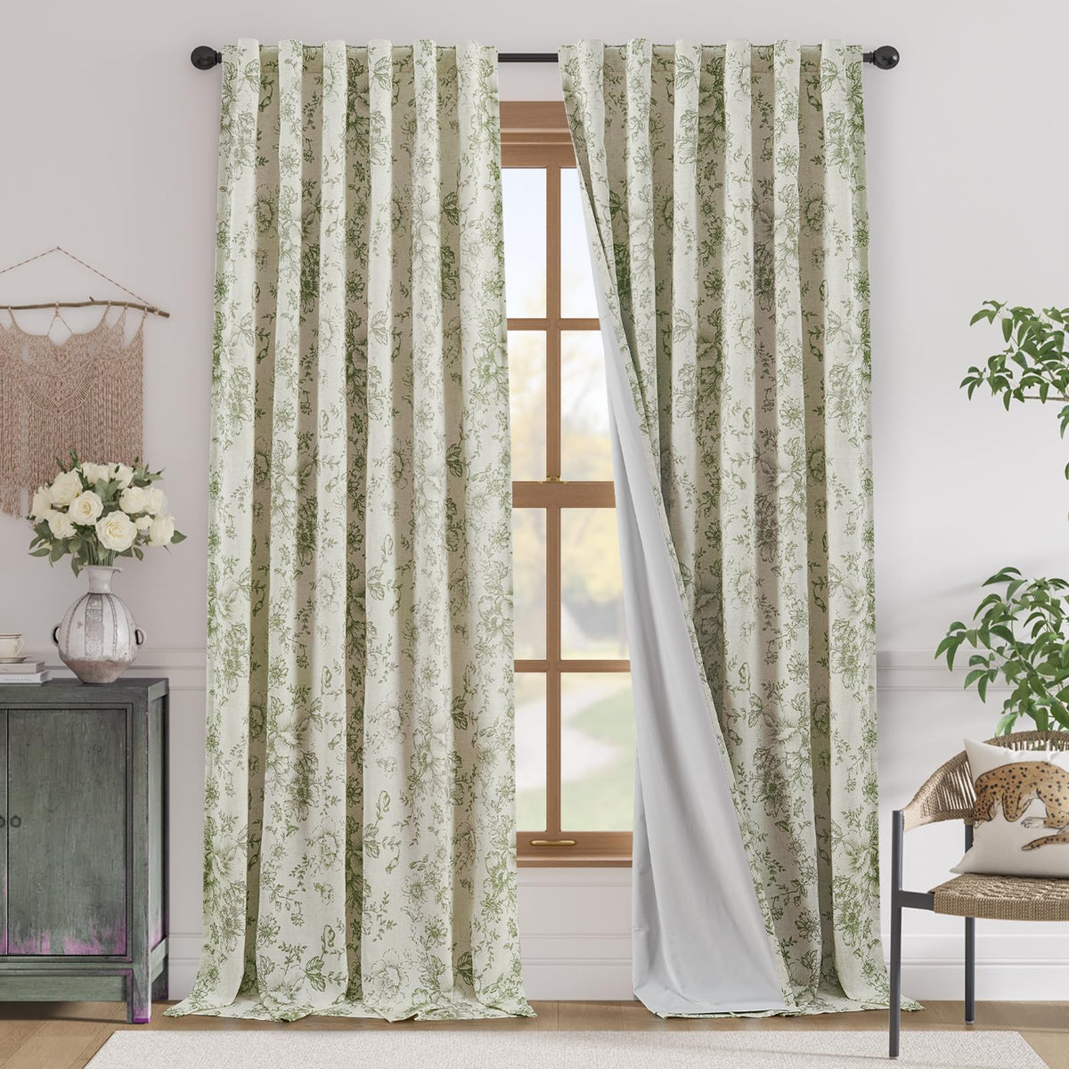 jinchan Vintage Floral Linen Curtains 84 Long for Living Room 2 Panels