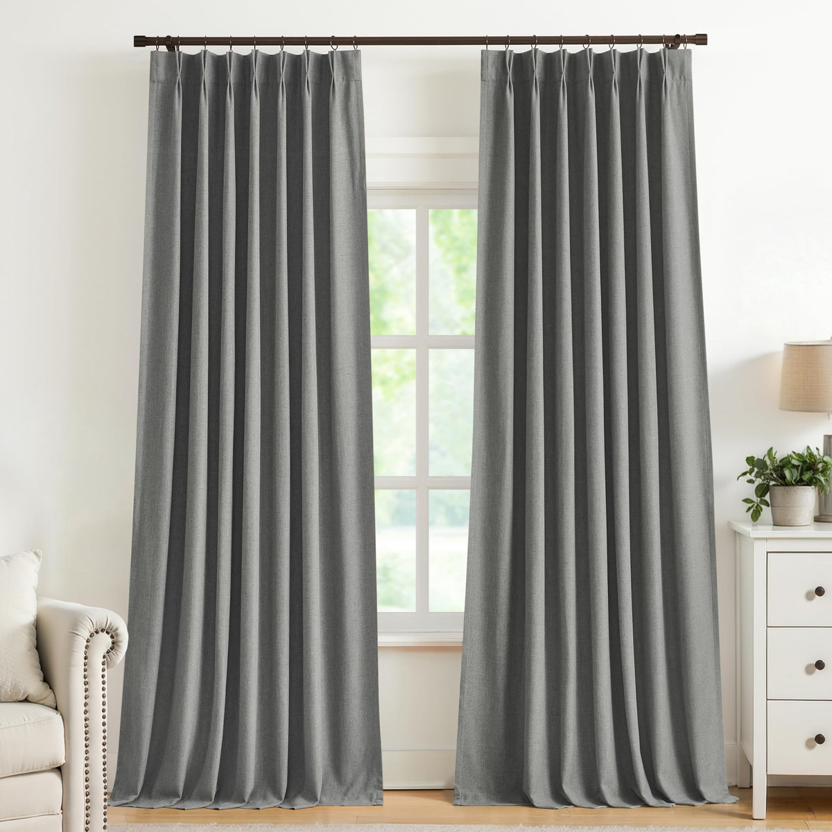 Vision Home Pinch Pleated Full Blackout Curtains Linen Blended Room Darkening Window Curtains 84 inch for Living Room Bedroom Thermal Insulated Pinch Pleat Drapes with Hooks 2 Panel 40"Wx84"L,Blue Fog