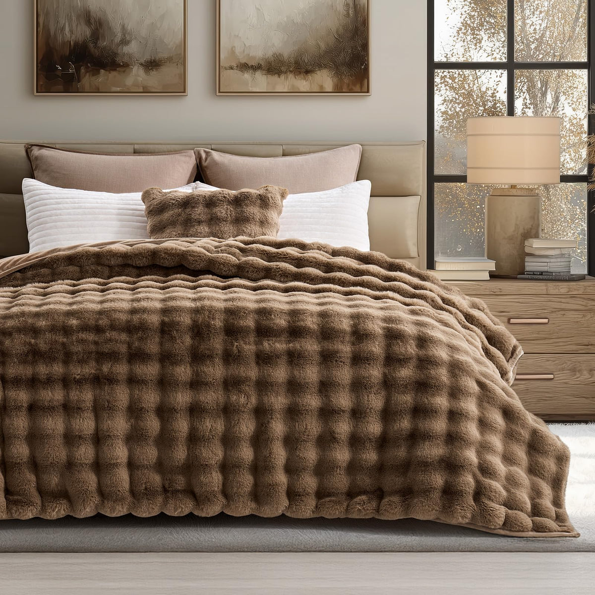 EverGrace Faux Rabbit Fur Bubble Throw Blanket, 60"x80", Ivory White