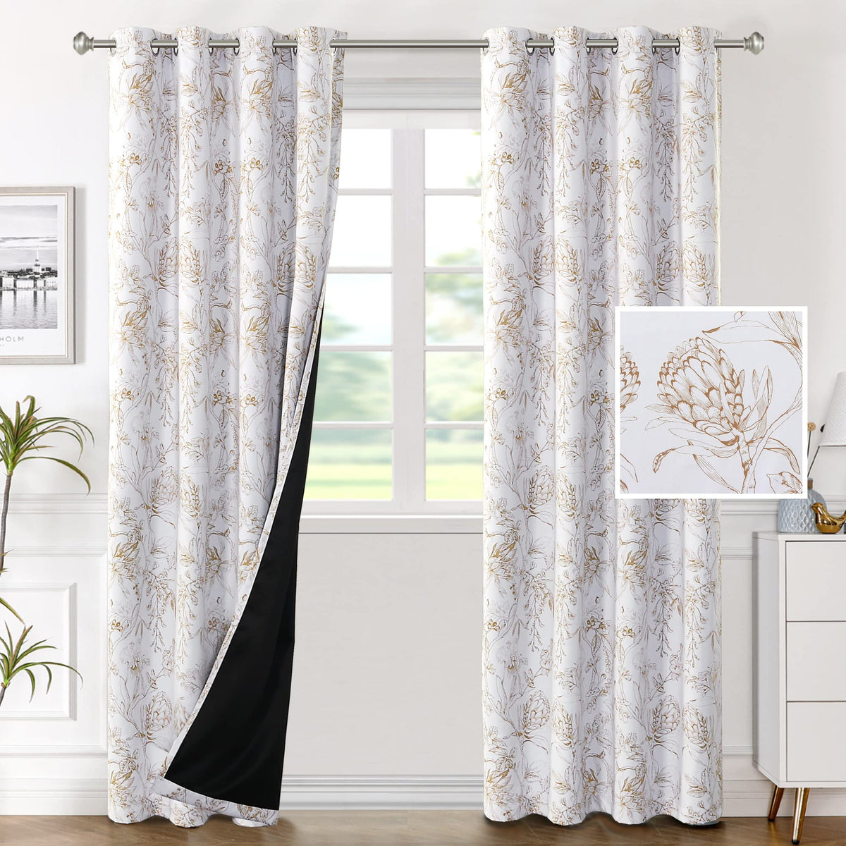 H.VERSAILTEX 100% Blackout Curtains 84 inch Length 2 Panels Set Cattleya Floral Printed Drapes Leah Floral Thermal Curtains for Bedroom with Black Liner Sound Proof Curtains, Grey and Taupe