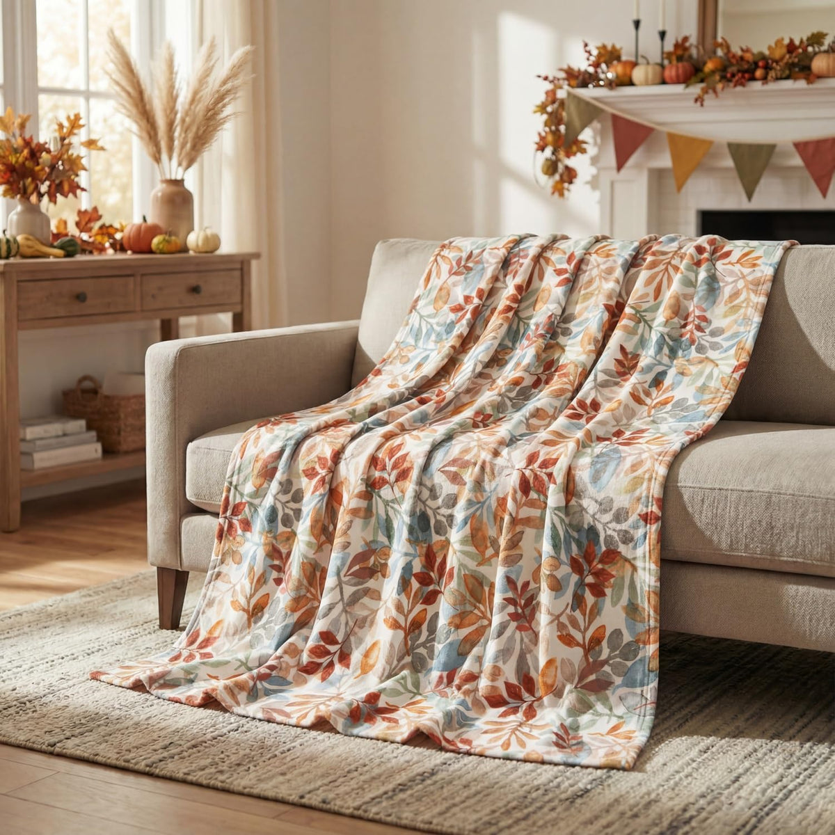 Horaldaily Fall Orange Blue Watercolor Leaves Flannel Throw Blanket 50x60