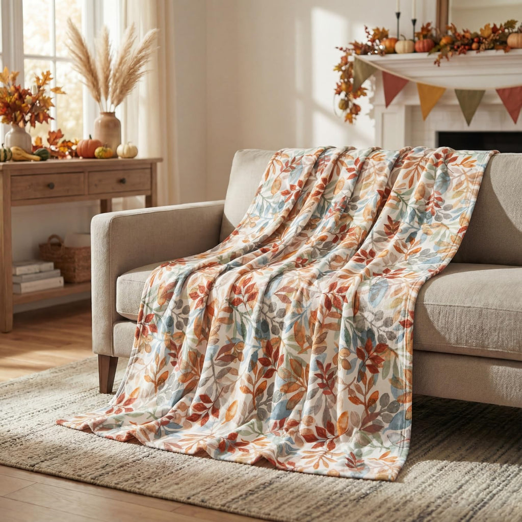Horaldaily Fall Orange Blue Watercolor Leaves Flannel Throw Blanket 50x60