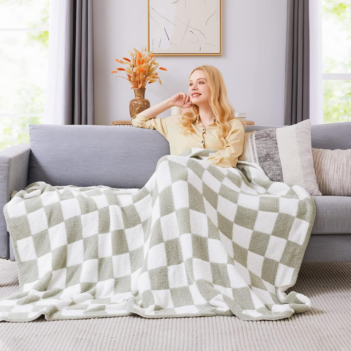 WRENSONGE Soft Checkered Throw Blanket for Couch-Cozy Warm Knitted Blankets