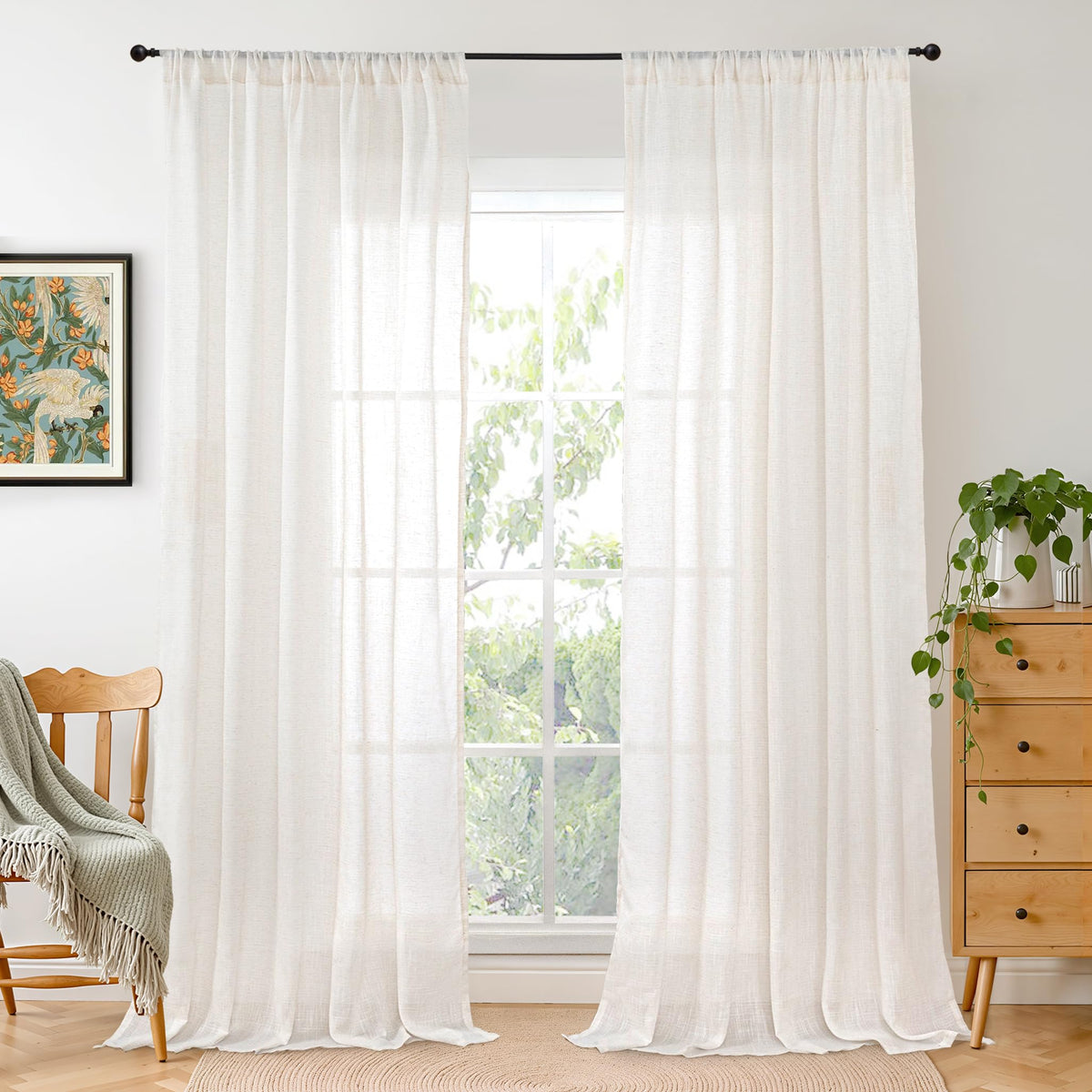 BGment Tan Linen Curtains 84 Inch Length 2 Panels Burlap Semi Sheer Drapes