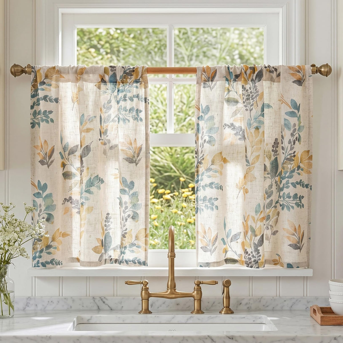 MYSKY HOME Floral Curtains 72 inch for Living Room Linen Semi Sheer Light Filtering Privacy Protect Lightweight Drapes Decor Farmhouse Soft Touch for Dining Room, Yellow, 52" Wide, 2 Panels
