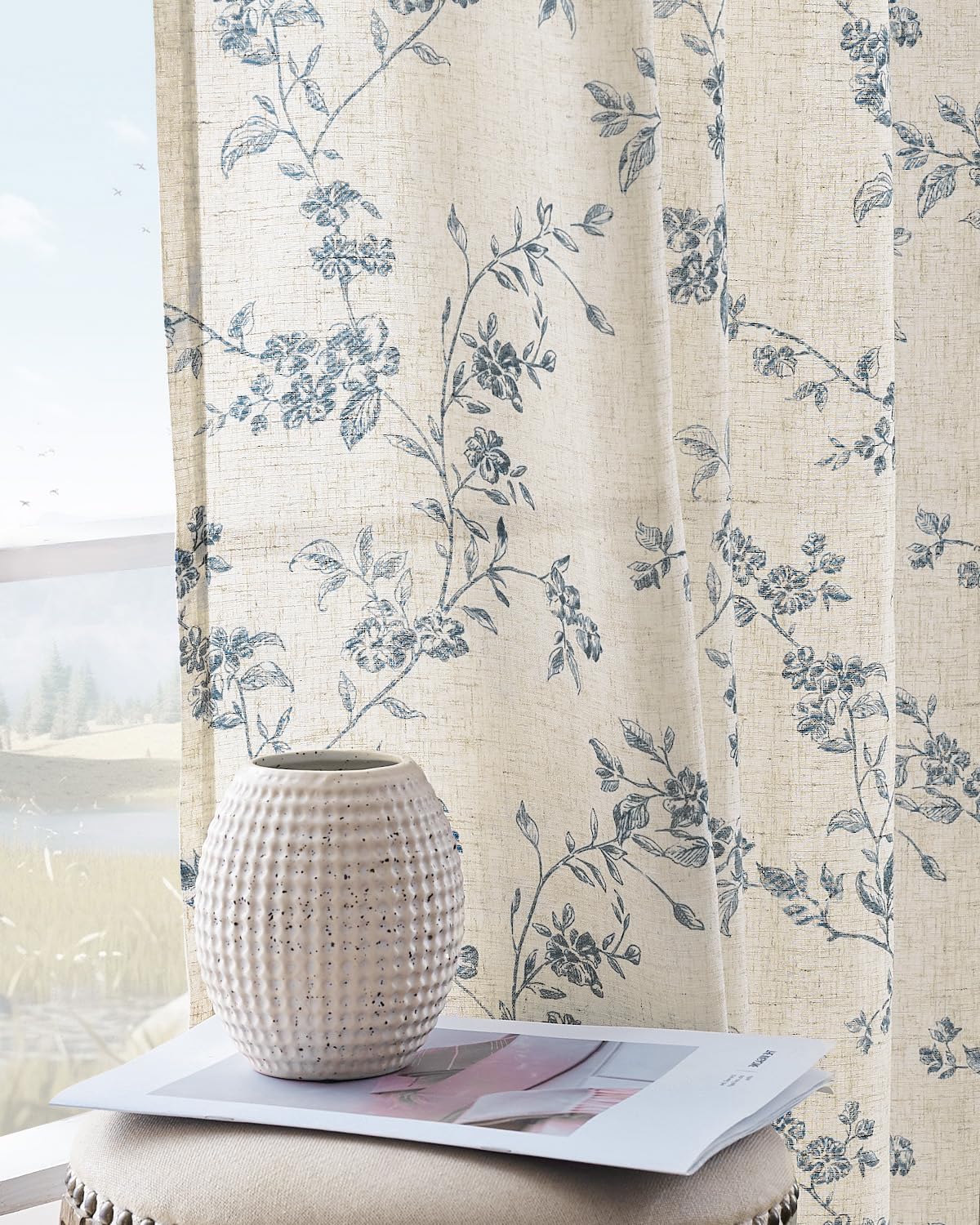 jinchan Taupe Floral Linen Curtains 84 Inch Farmhouse Back Tab 2 Panels