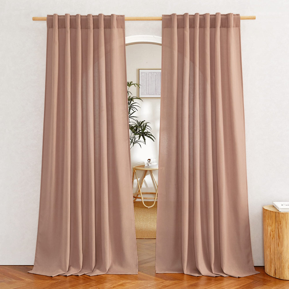 NICETOWN Flax Sheer Linen Curtains for Living Room 95 inch Long 2 Panels, Rod Pocket & Back Tab Semi Sheer Drapes Privacy Added with Light Filtering for Bedroom/Living Room, Natural, W55 x L95