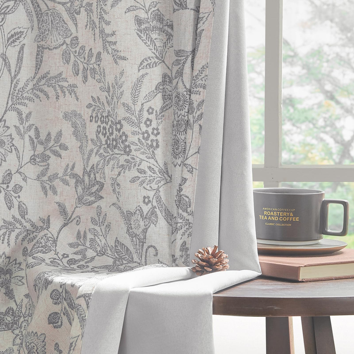 Lazzzy Grey Floral Linen Curtains Farmhouse Grommet Top 50W X 63L 2 Panels
