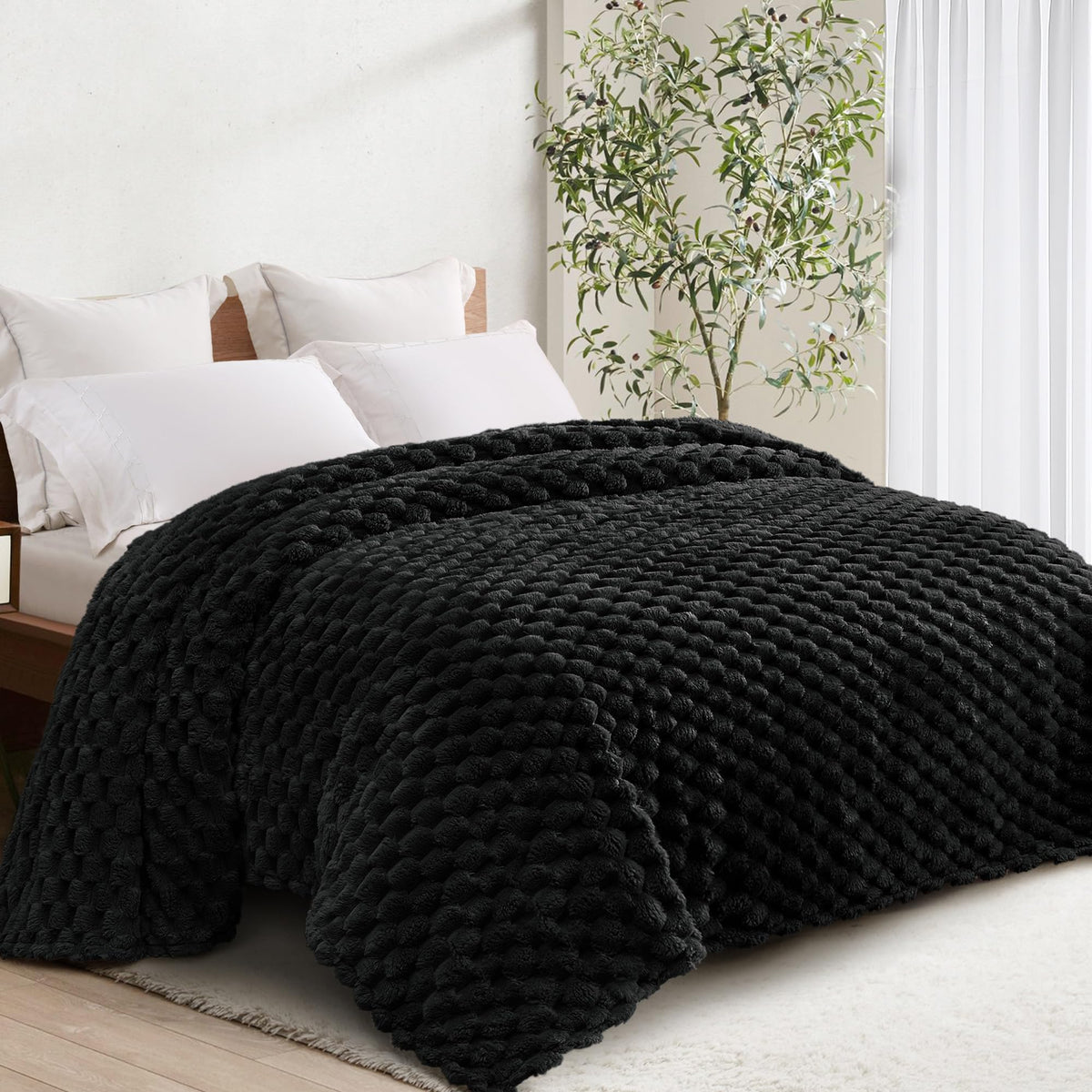 Whale Flotilla Soft 3D Jacquard Fleece Throw Blanket for Couch & Bed, Ivory