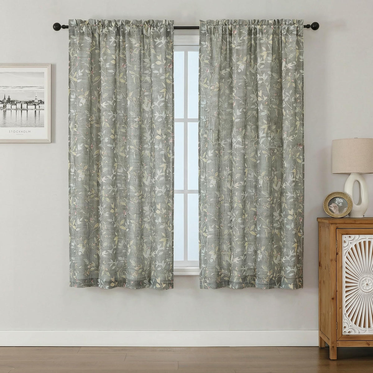 Chyhomenyc Roman Linen Blend Curtains 45 Inch Length 2 Panels, Light Filtering Soft Airy Leaf Floral Printed Rod Pocket Textured Window Treatment Drapes for Living Room Bedroom, 38Wx45L Inch, 2 PCS