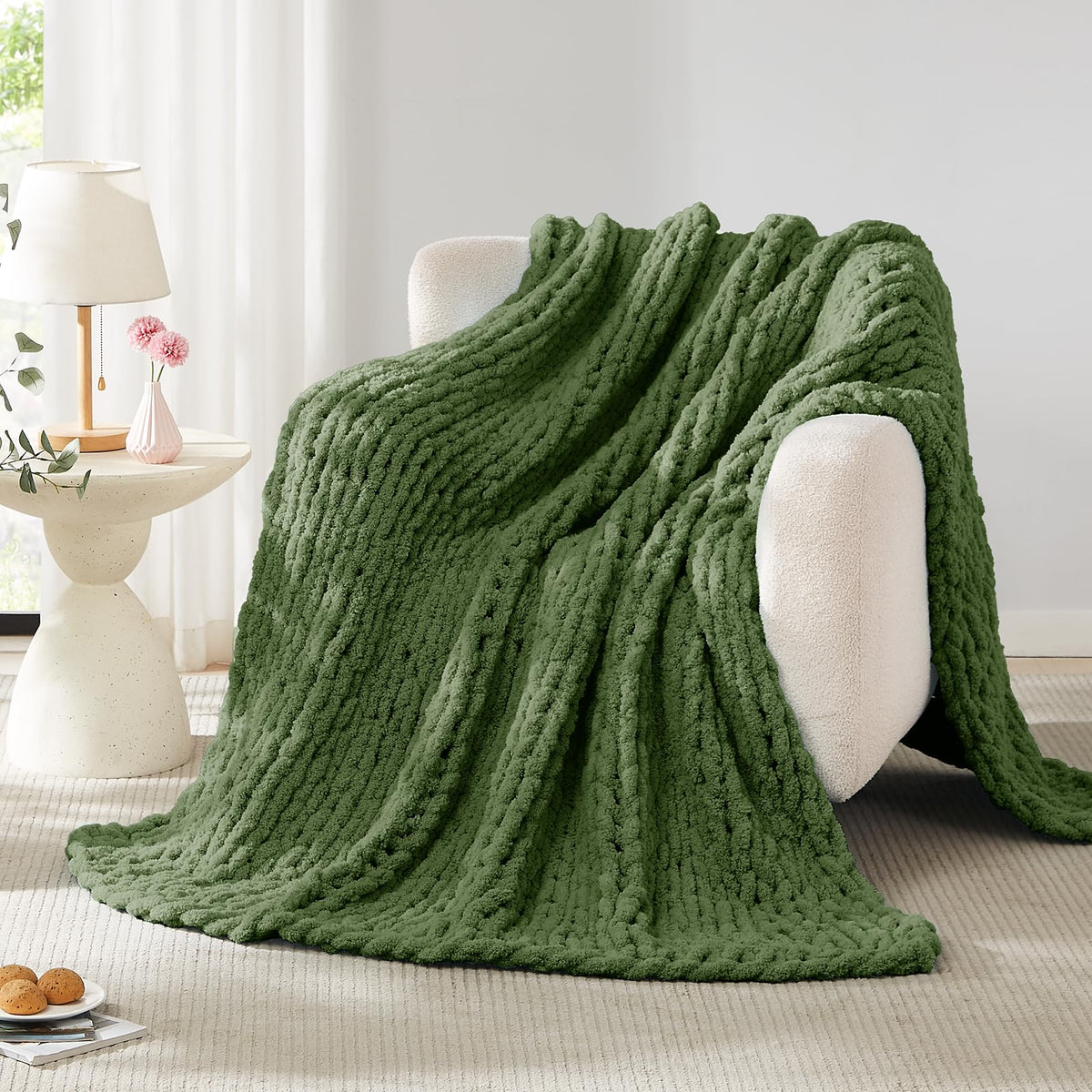L'AGRATY Chunky Knit Throw Blanket for Couch, 50'' x 60'' Knit Throw, Ivory